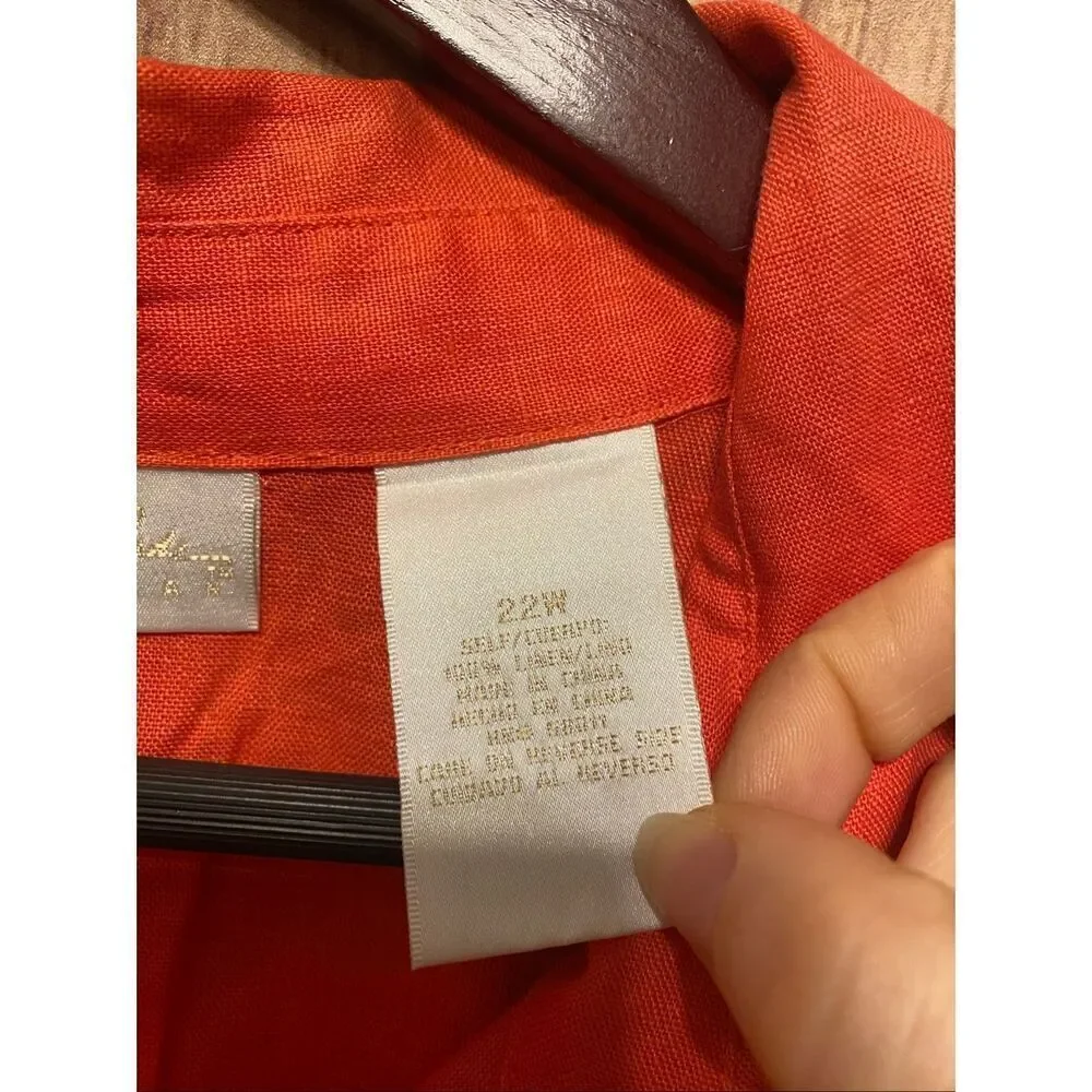 Lucy Pereda 22W 100% Linen blouse button up women’s plus size orange shirt top